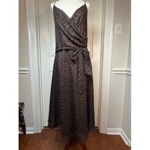 Vintage Talbots Silk Zebra Print Midi Dress Brown Black Wrap Tie Waist Size 14